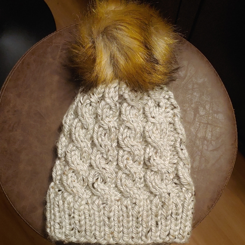 Hand Knit Cable Beanie With Removable Fur Pom Pom